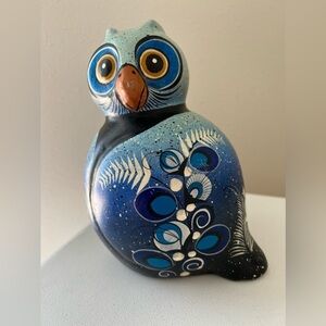 Elias Regin Tonala Mexico Colorful Painted Folk Art blue Owl Ceramic Figurine